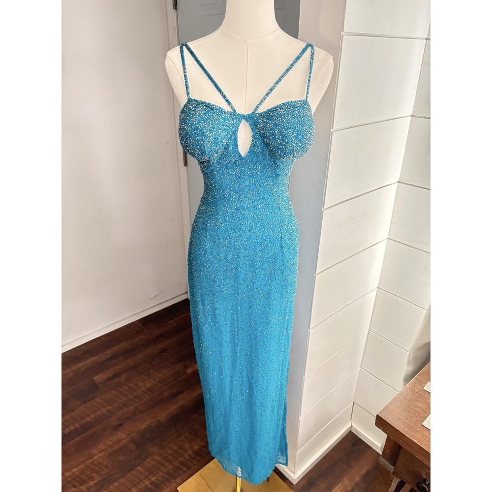 Scala Dress Womens Small Blue Beaded Sweetheart Maxi Gown Formal Prom Vintage
